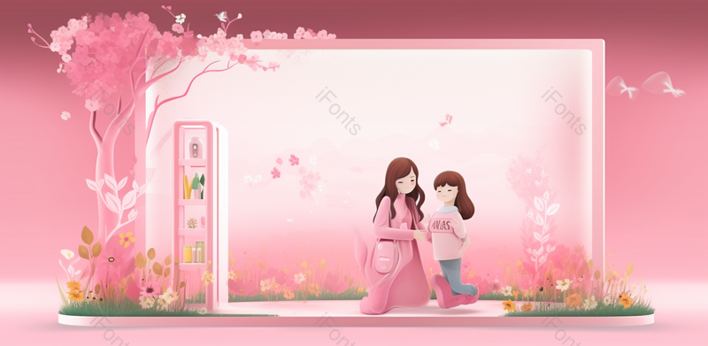 春天卡纸风简单游玩母亲节亲子孩子背景,插画/手绘图,插画/手绘图库,插画/手绘图下载,插画/手绘